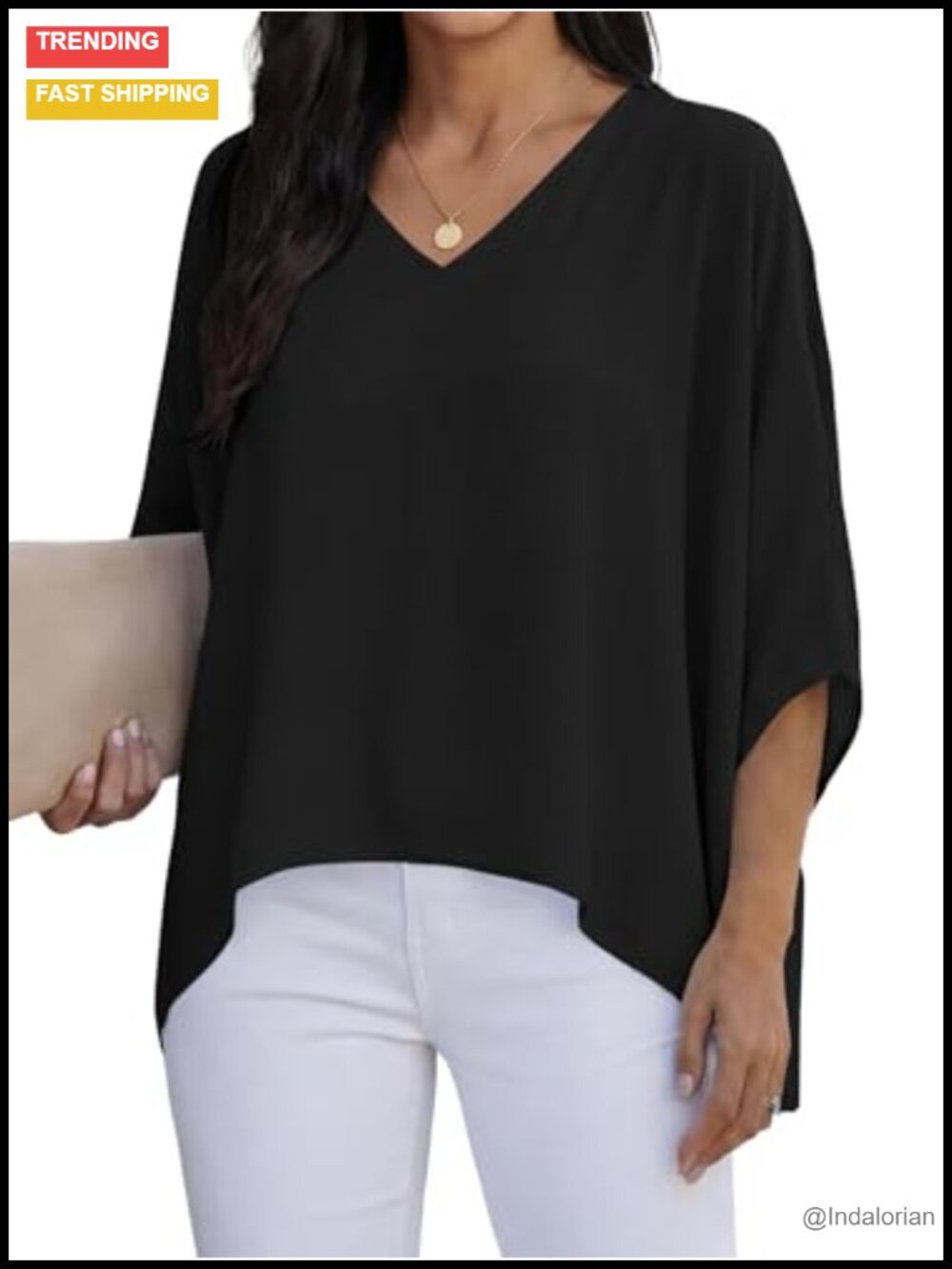 Women's V Neck Batwing Sleeve Tunic Top Loose Fit Blouse